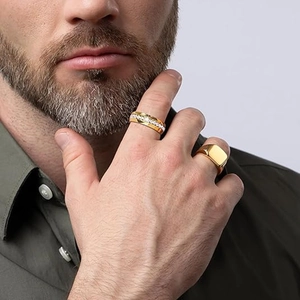 Men's gold-plated stainless steel jewelry set including diamond-set band and signet ring