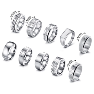 Set of 10 silver stainless steel rings with rotatable design and varied textures