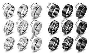 Detailliertes Set aus 18 drehbaren Punk-Spinner-Ringen aus Edelstahl in Silber und Schwarz