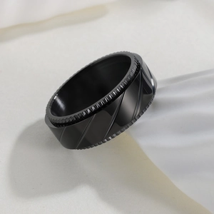 Black 8mm rotatable stainless steel punk ring with grooved texture edge for men