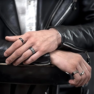 Men titanium steel ring set featuring square signet and Greek key pattern bands