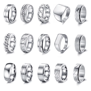 Detailed collection of 15 men's silver stainless steel rings with various textured finishes
