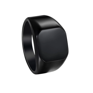 Detail view of black square signet ring with polished finish and brushed inner metal band