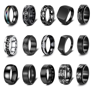 Detailed grid showing 15 pieces of matte black and silver titanium steel rings for men