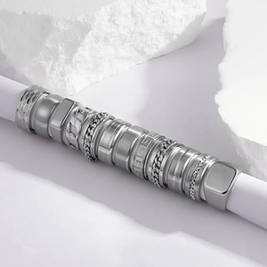 Men's titanium steel ring set featuring chain textures and hammered silver finishes