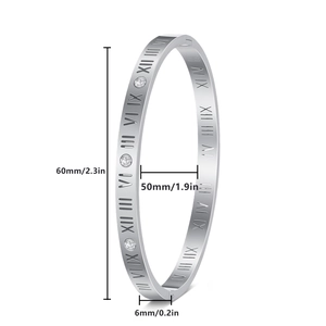 Bracciale rigido 6mm in acciaio argento con numeri romani e zirconi trasparenti