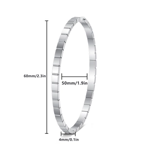 Polished silver stainless steel square link bangle measuring 60mm by 50mm and 4mm wide