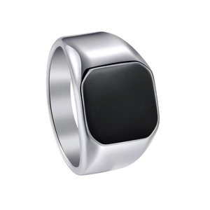 Minimalist silver square signet ring with a polished black enamel inlay for men