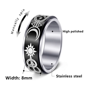 8mm spinner ring with sun moon and star patterns made of polished stainless steel