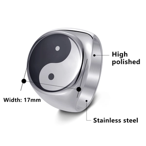 Polished 17mm stainless steel Tai Chi signet ring for men with Yin Yang ink style design