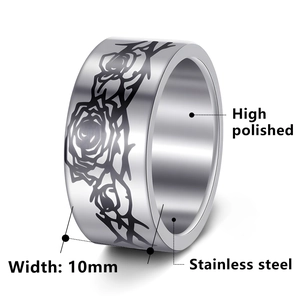 10mm wide stainless steel high polished ring with black rose and thorn engraving