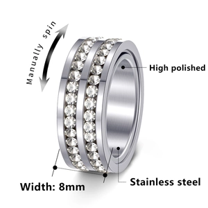 8mm spinning stainless steel ring with double-row crystals and a high polished finish