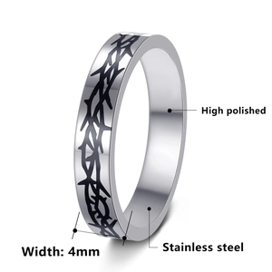 4mm high polished stainless steel ring featuring a black thorn pattern for couples