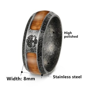 Retro 8mm stainless steel Viking ring with Tree of Life engraving and wood inlay