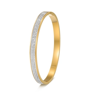 Detail of egg-shaped gold titanium bangle featuring triple rows of shimmering crystals