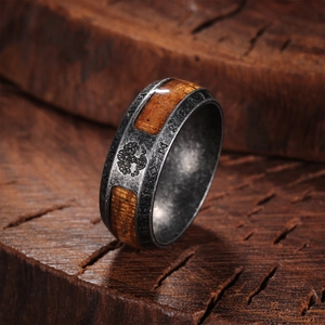 Vintage Viking runes ring with Yggdrasil tree of life and wood inlay on rustic metal