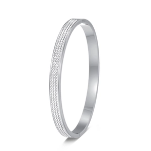 Macro shot of silver titanium steel oval bangle with triple row cubic zirconia setting