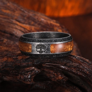 Vintage Viking Tree of Life ring with Norse runes and wooden inlay on natural bark