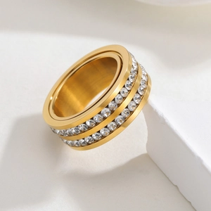 Gold double row rhinestone spinner ring in 304 stainless steel for women fashion
