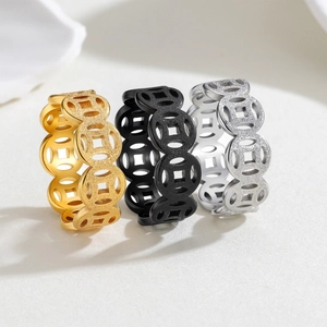 Three-color matte titanium steel rings set featuring traditional coin-shaped design