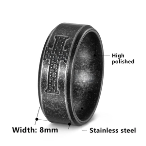 8mm vintage stainless steel ring with black cross relief and matte finish for men and women