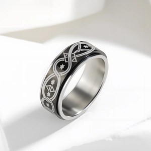 Detail of spinning stress relief ring with star patterns and brushed steel texture