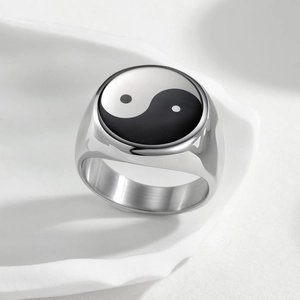 Minimalist silver stainless steel signet ring with Yin Yang ink style pattern for men