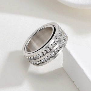 Rotating stainless steel spinner ring with double row of zircon crystals for women