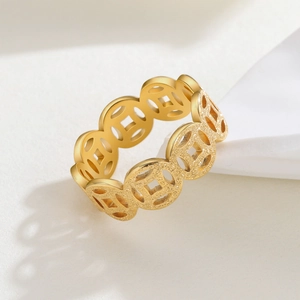 Gold plated stainless steel coin ring featuring ancient square-hole wealth pattern