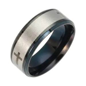 Anello minimalista in acciaio inossidabile con inserto sabbiato e croci nere