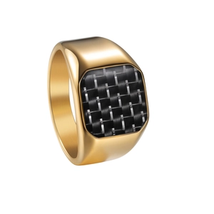 Men's gold brushed titanium ring with square black carbon fiber inlay design