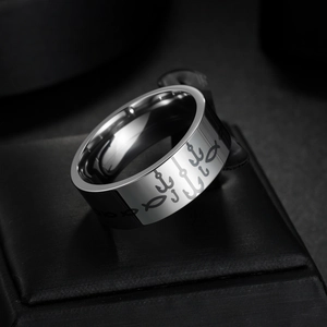 Polished stainless steel ring with laser-engraved fish and anchor on black leather box