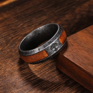 Vintage Viking tree of life ring with wood inlay and Nordic rune engravings in stainless steel
