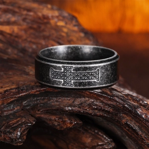 Vintage gothic stainless steel cross ring with oxidized silver finish for men and women