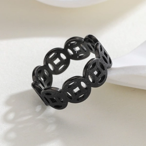 Vintage black matte hollow lucky coin ring in titanium steel for men and women