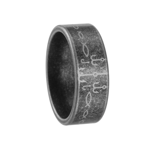 Macro detail of men's vintage stainless steel ring with fish and hook patterns