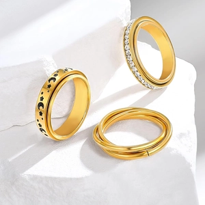 Three-piece gold stainless steel ring set with cubic zirconia and star moon patterns