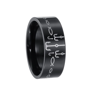 Men's black stainless steel ring featuring silver fish and hook patterns on a wide band