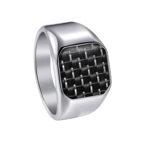 Mens square signet ring in silver stainless steel with black carbon fiber inlay