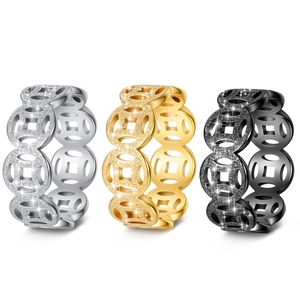 Vintage Stainless Steel Chinese Coin Pattern Ring Luck Fortune Band For Men Women Retro Hollow Jewelry Gift