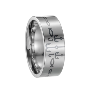 Detailed view of stainless steel ring with engraved fish patterns on wide silver band