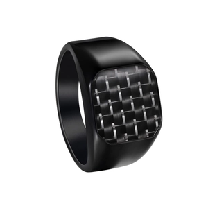 Polished black stainless steel signet ring with inlaid carbon fiber pattern texture