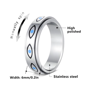 Spinner fidget ring made of silver stainless steel with blue evil eye design 6mm band