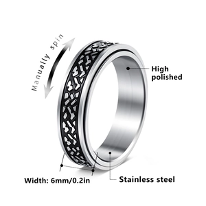 Detail of 6mm spinner ring in high polished stainless steel with rotating black band