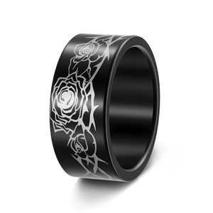 10mm black stainless steel ring with silver rose and thorn gothic pattern on white background
