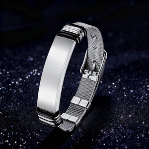 Men's adjustable stainless steel mesh bracelet with engravable rectangular plate