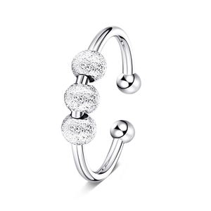 Adjustable silver spinner ring with three frosted beads for anxiety relief jewelry
