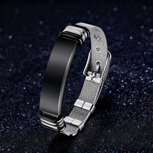 Men's adjustable stainless steel mesh bracelet with black ID plate on starry background