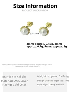 Size chart for S925 silver pearl stud earrings in 3mm, 4mm, and 5mm diameter with gold plating
