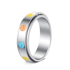 Detail showing the rotating inner band of a silver stainless steel colorful smiley ring